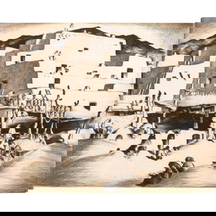 Print, Gene Kloss: Gene Kloss (American, 1903–1996), "Indian Harvest (Taos)," etching, pencil signed lower right, titled lower left, sight: 12"h x 14.5"w, overall (with frame): 21"h x 27"w