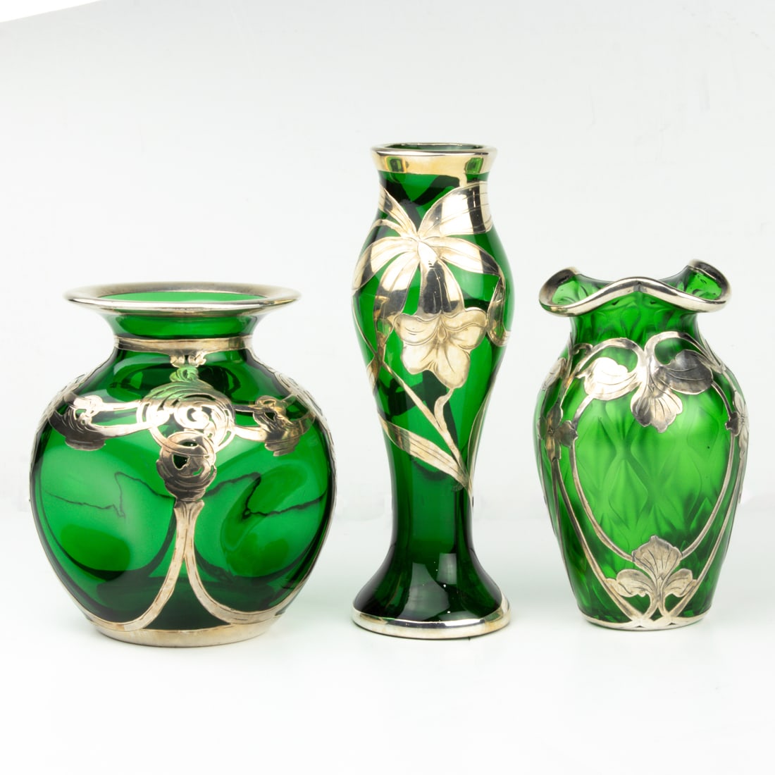 Three Art Nouveau green glass vases, the largest 6"h (1 of 1)