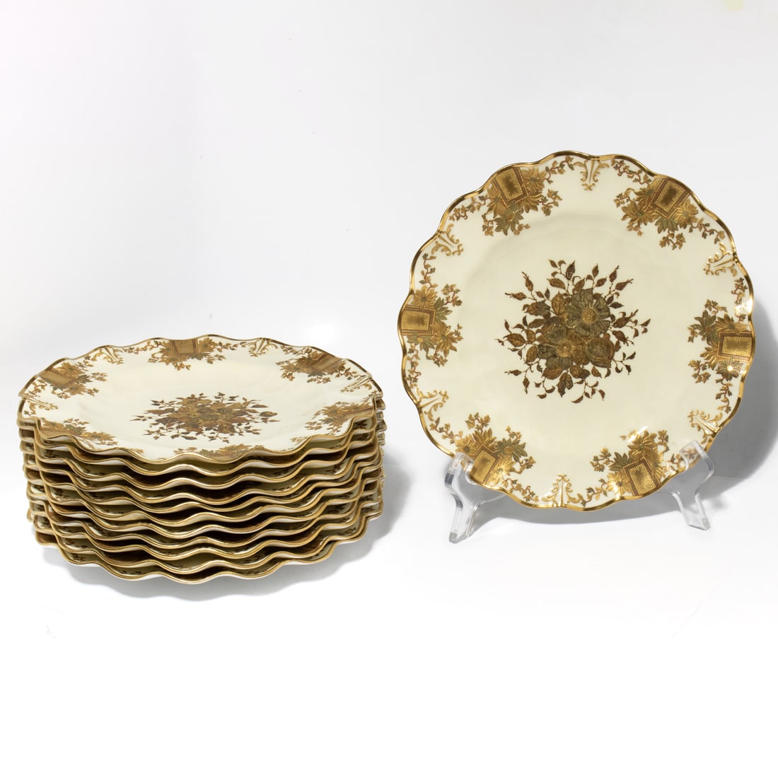 A set of twelve Royal Crown Derby porcelain dessert plates with scalloped rims (1 of 3)