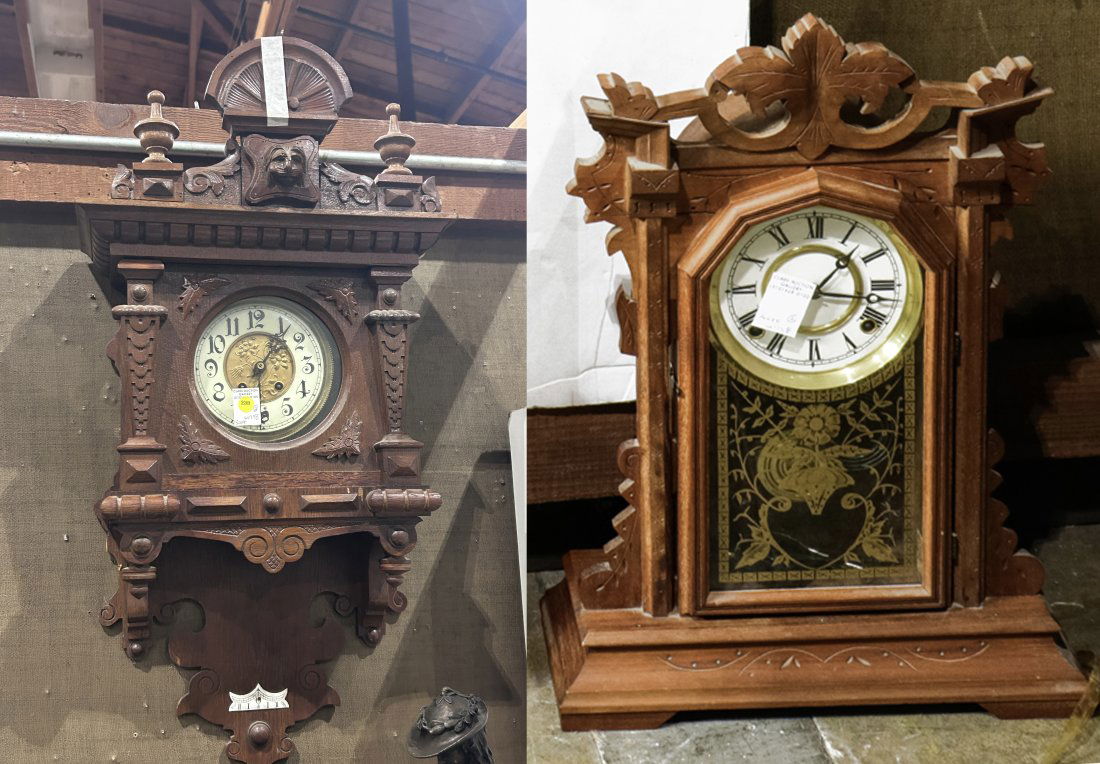 A Renaissance Revival style wall clock and an Eastlake style shelf clock (1 of 1)