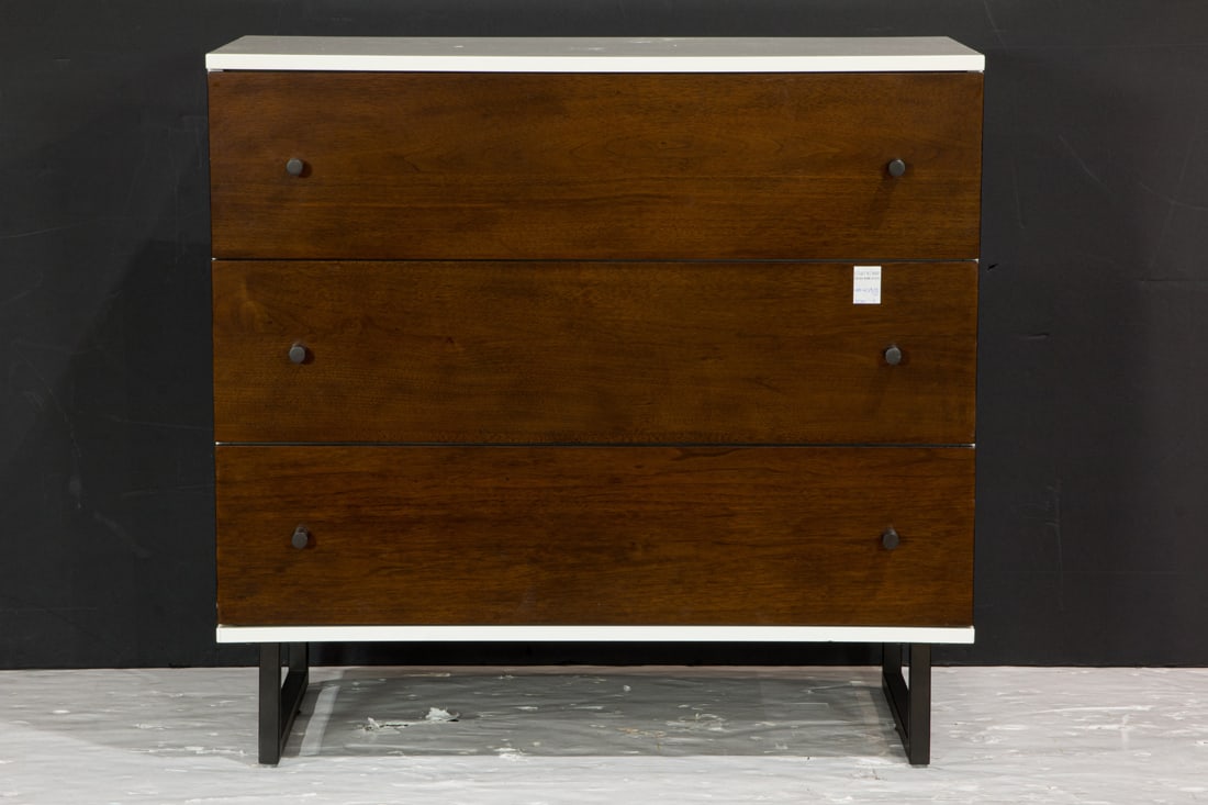 A Modern white laminate and wood dresser and a pair of matching nightstands (1 of 3)