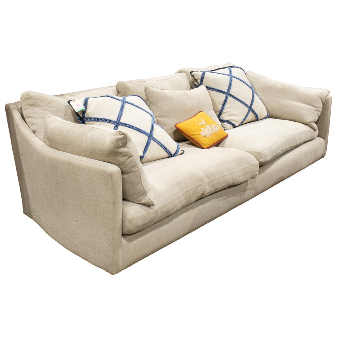 A custom Victoria deep sofa with pillows: A custom Victoria deep sofa with pillows, 35"h x 108"w x 45"d