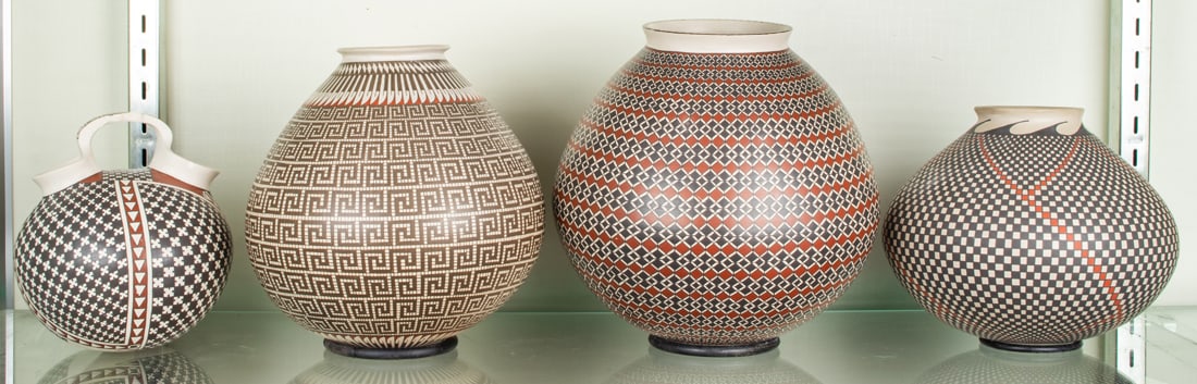 Four Mata Ortiz pots decorated with a checkerboard pattern, including signed pieces by Jere (1 of 1)