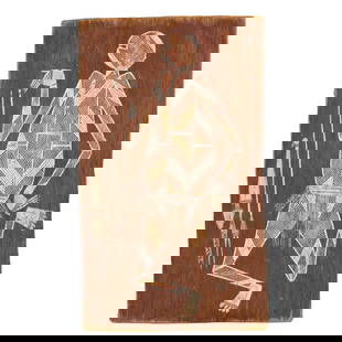 An aboriginal painting on bark of a Mimi with spears and a club: An aboriginal painting on bark of a 'Mimi' spirit with spears and a club, Western Arnhem Land, Australia, 13.5"h x 8"w