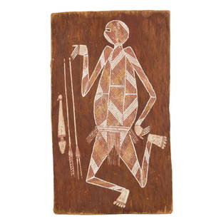 An aboriginal painting on bark of a Mimi with spears and a club: An aboriginal painting on bark of a 'Mimi' spirit with spears and a club, Western Arnhem Land, Australia, 13.5"h x 8"w