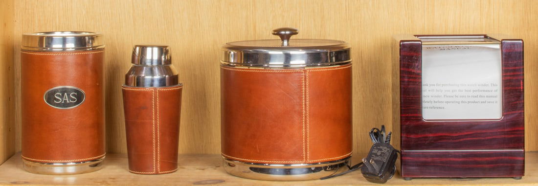 An Italian Motta leather and stainless steel monogrammed cocktail set (1 of 1)