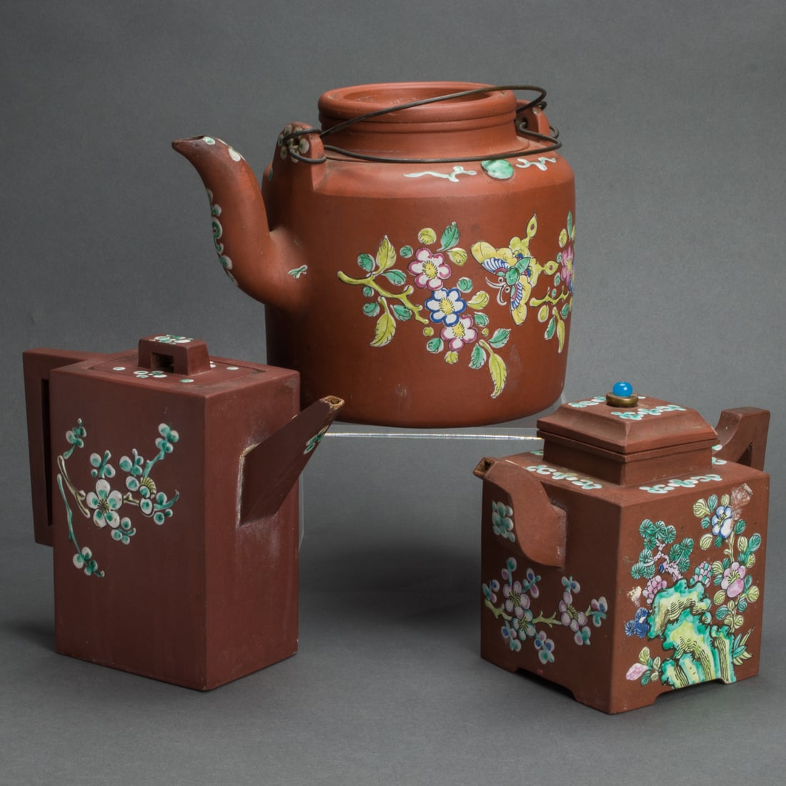 (lot of 3) Chinese enameled Yixing teapots (1 of 2)