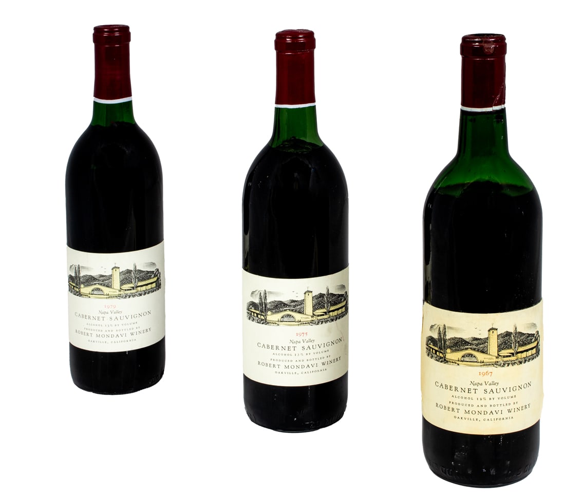 1967/1975/1979 Robert Mondavi Cabernet Sauvignons: (lot of 3)1 bottle (750 ml), 1967 Robert Mondavi Winery, Cabernet Sauvignon (Oakville/Napa Valley, CA)1 bottle (750 ml), 1975 Robert Mondavi Winery, Cabernet Sauvignon (Oakville/Napa Valley, CA)1 bott