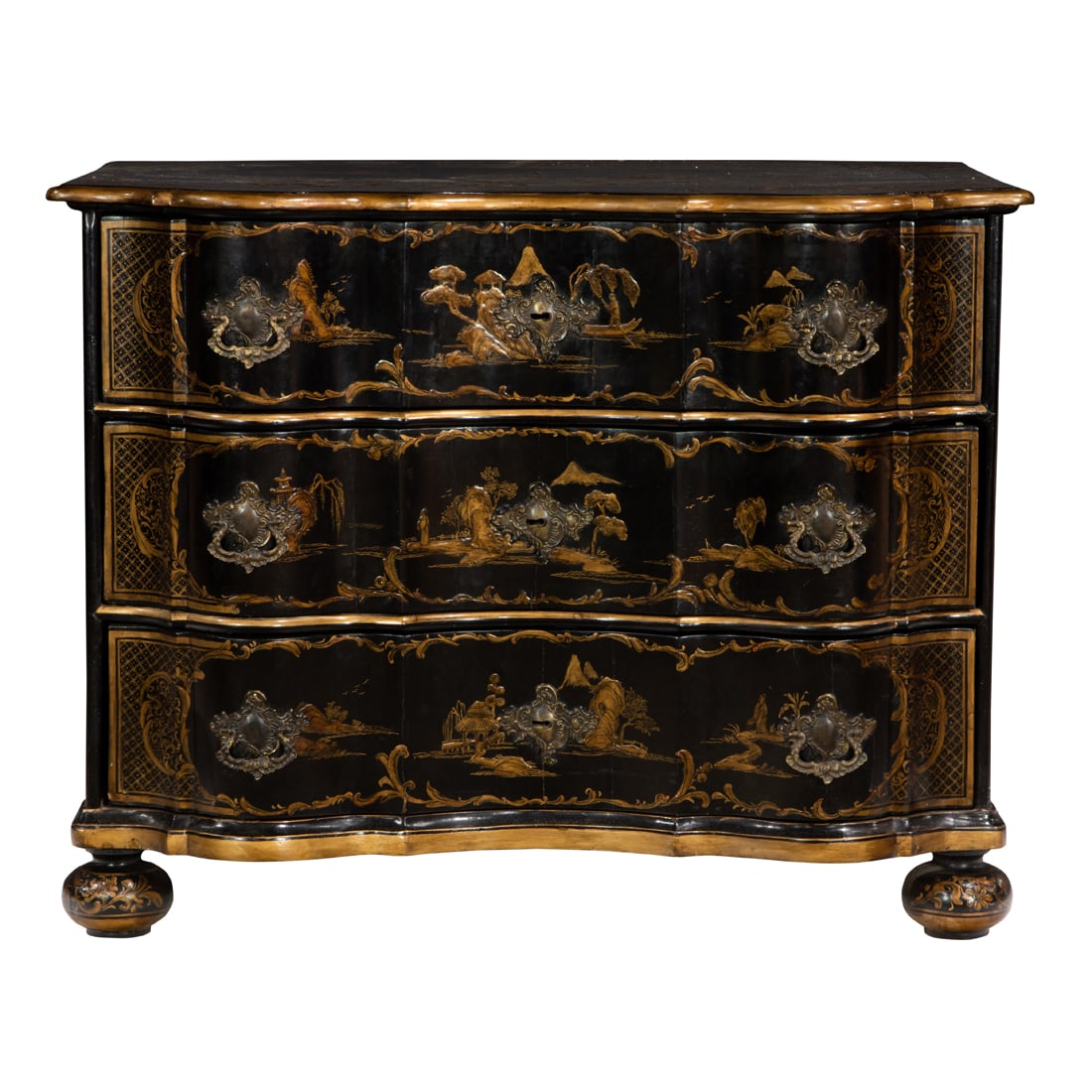 A George III style japanned or lacquer decorated chest of drawers, late 19th century (1 of 3)