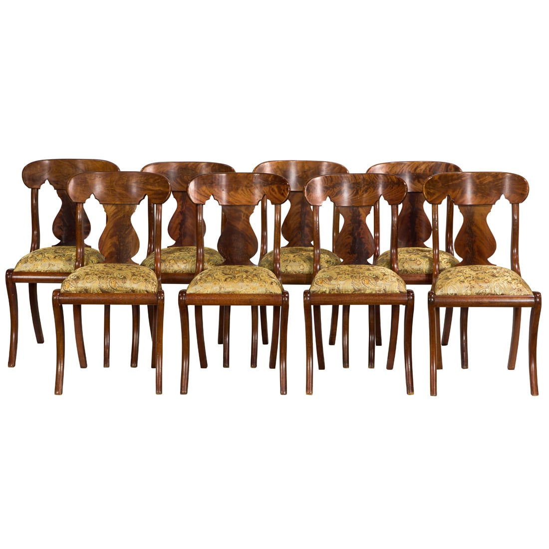 A set of eight Empire Revival flame mahogany gondolier dining chairs, circa 1910 (1 of 3)
