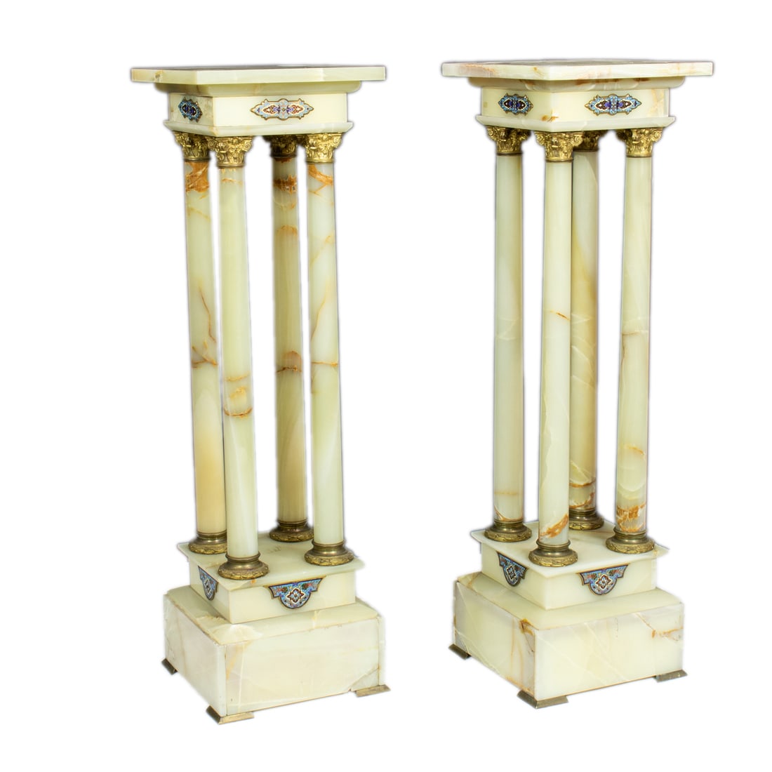 A pair of French gilt bronze mounted onyx and champleve enamel decorated pedestals, circa 1890 (1 of 3)
