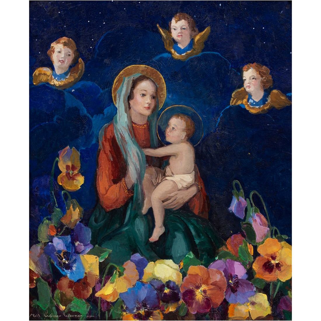 Painting, Nell Walker Warner: Nell Walker Warner (American, 1891-1970), "Adoration," oil on board, signed lower left, board: 17.5" h x 14.5"w, overall (with frame): 24.75"h x 21.5"w. Note: Proceeds to benefit the Homes Bacolod Orp