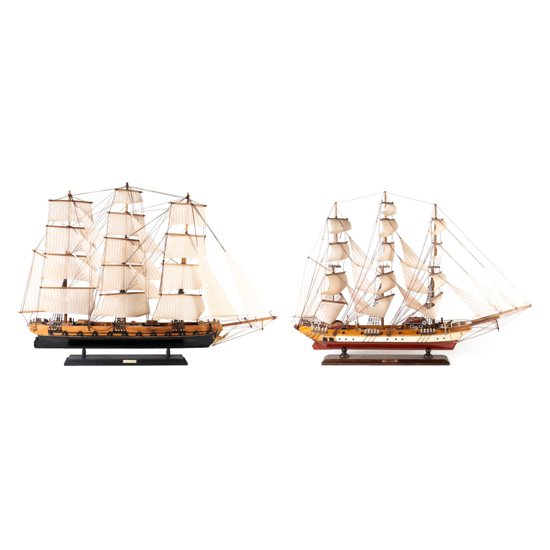 Two ship models: Two ship models, each raised on stand with plaque titled 'Clipper, Siglo XIX' and 'U.S. Frigate, Ohio, 18th century', greatest 26"h x 38"l