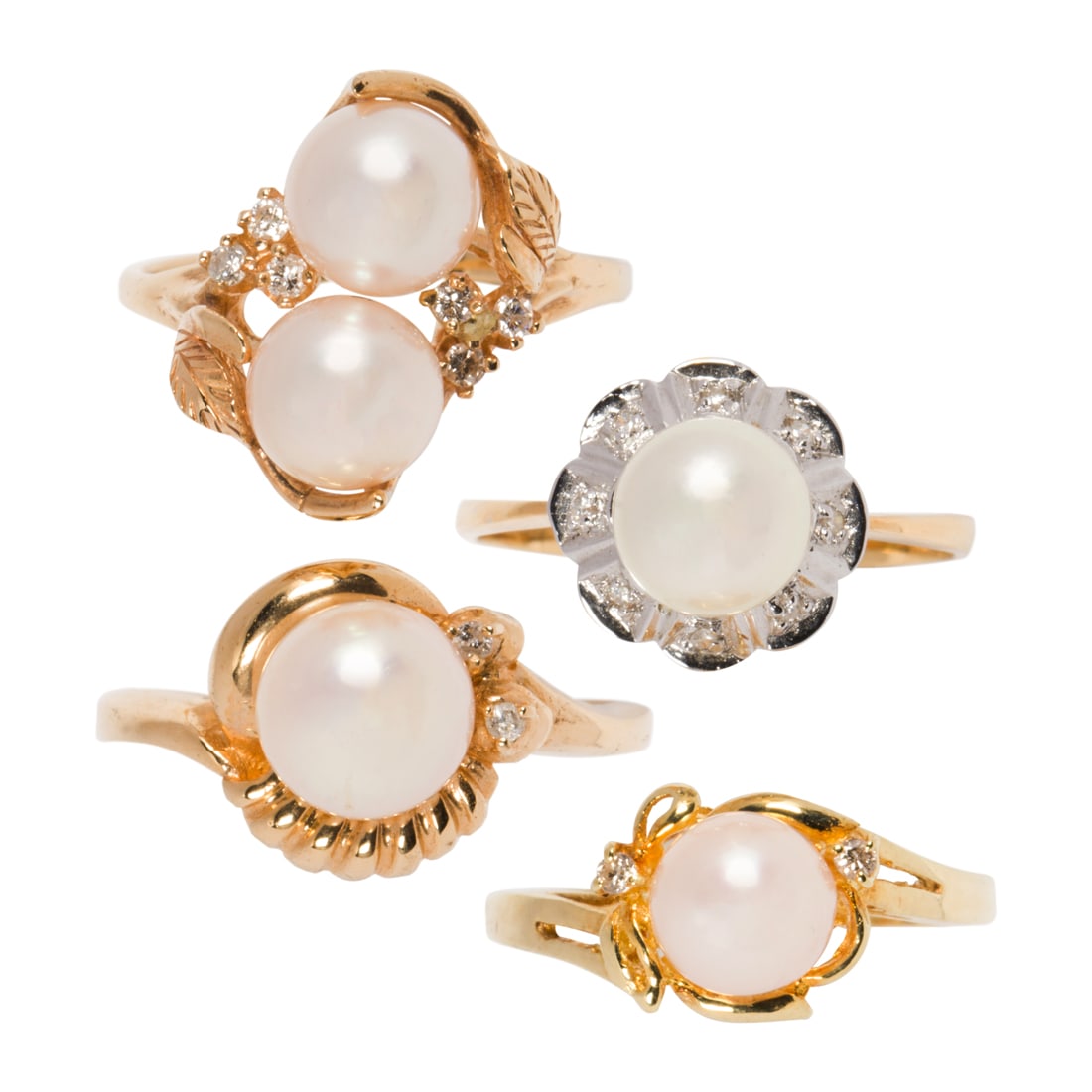 A group of four diamond, cultured pearl and gold rings (1 of 2)