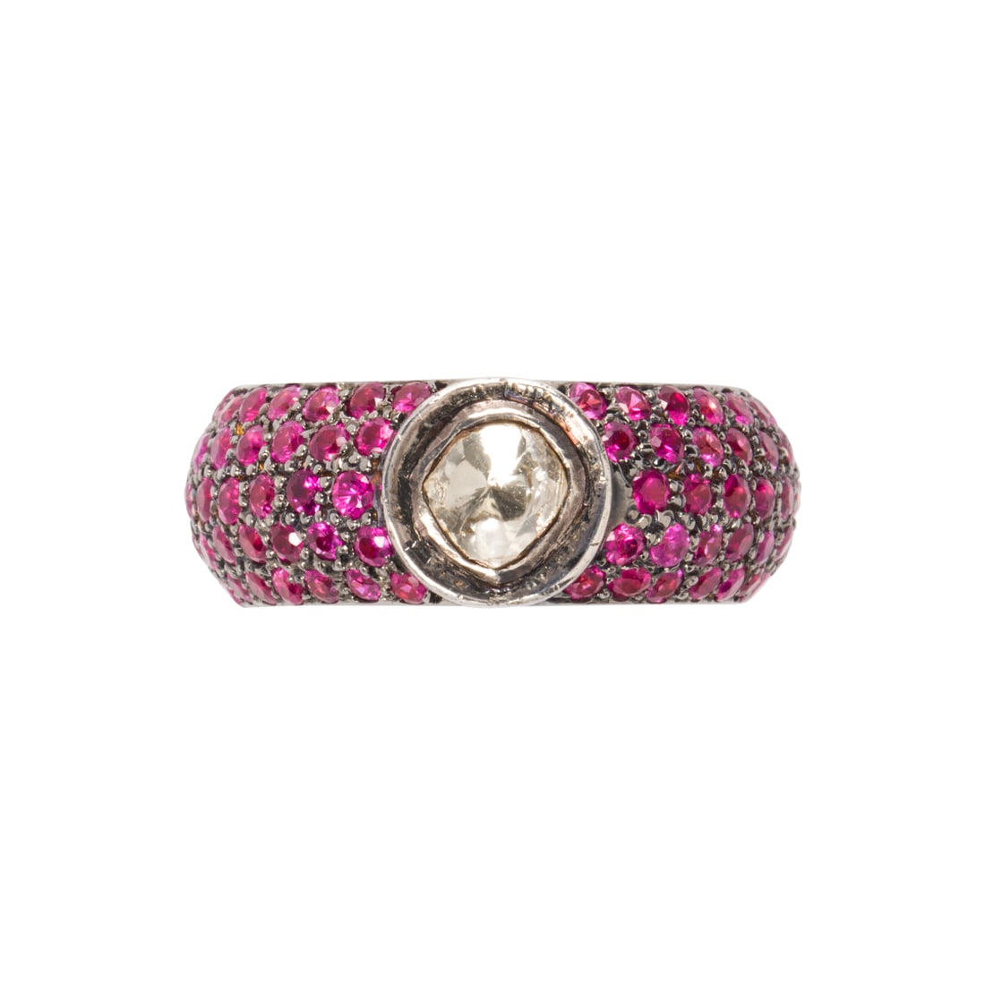 A diamond, pink sapphire and blackened silver ring (1 of 2)