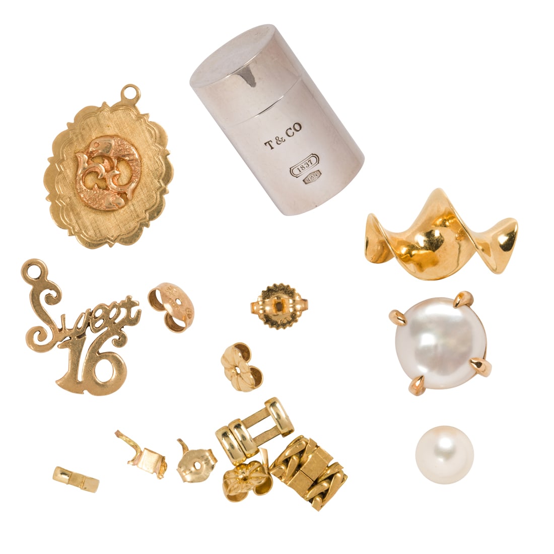 A group of cultured pearl, gold and silver jewelry and accessories: A group of cultured pearl, gold and silver jewelry and accessoriescomprising a Tiffany & Co. 1937 Collection sterling silver pill box, circa 2000, together with 14k and 18k gold single earrings set wi