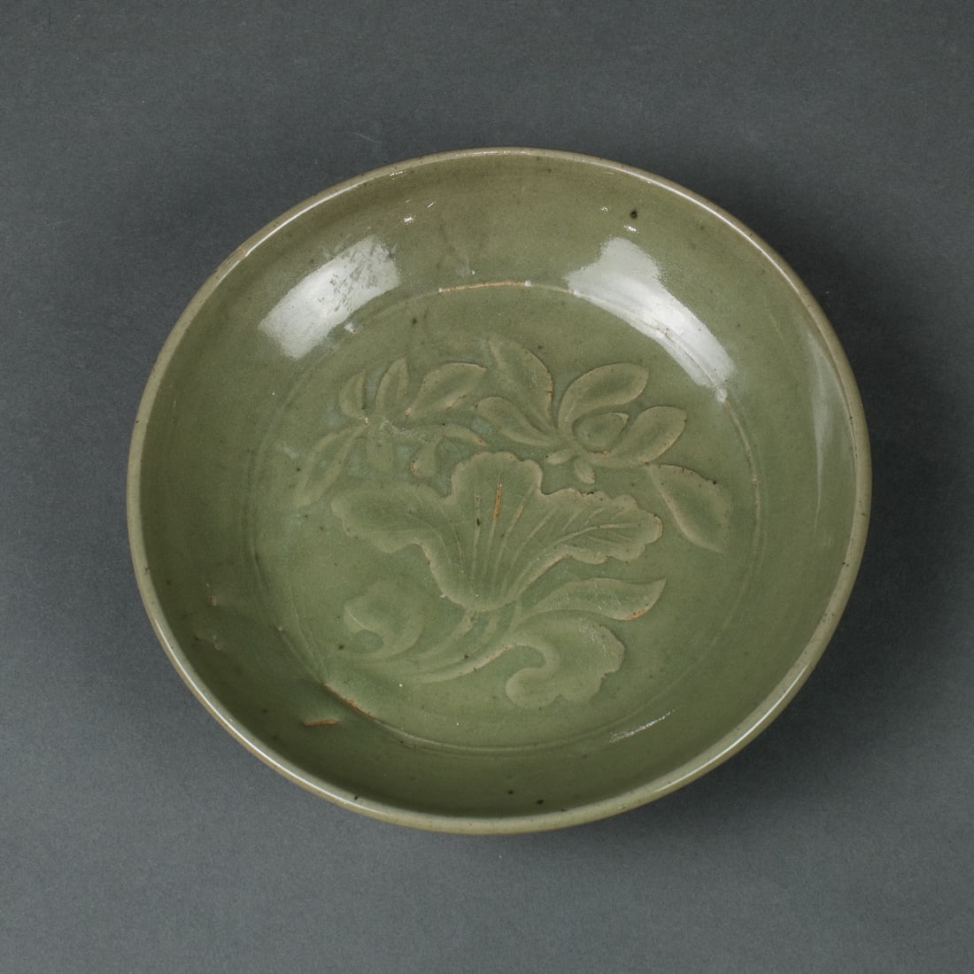 Chinese Yaozhou style glazed and molded 'lotus' dish (1 of 3)