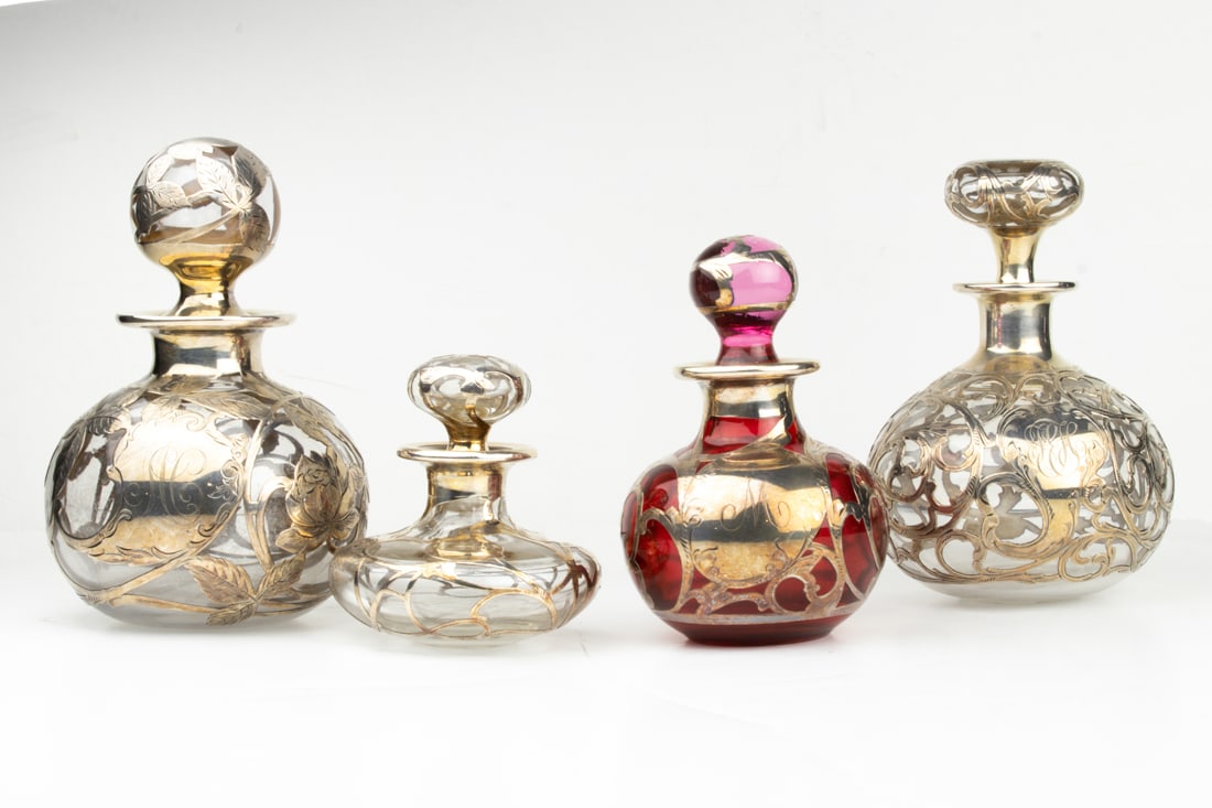 Four Art Nouveau silver overlay glass scent bottles (1 of 1)