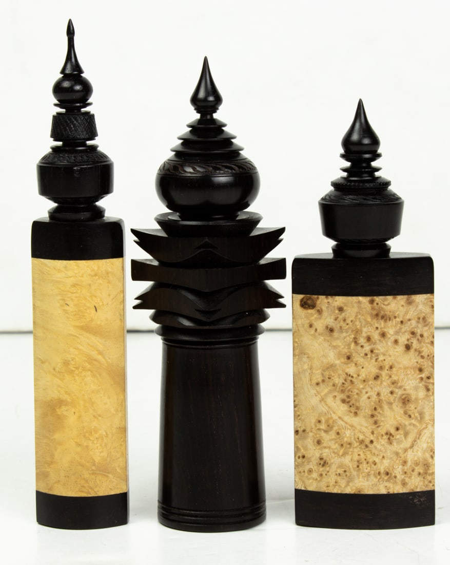 Three Jan Sauer turned hardwood scent bottles, each signed and numbered: Three Jan Sauer turned hardwood scent bottles, each signed and numbered, 5"h