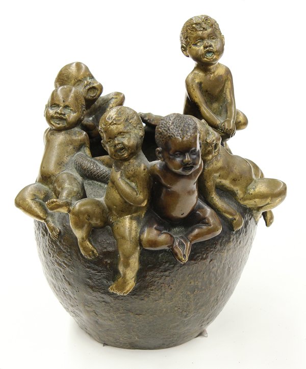 Bronze vase, Hans Stoltenberg Lerche: Bronze figural vase, Putti Form, by Hans Stoltenberg Lerche (German, 1867-1920), signed ''H.St.Lerche'' on base, 5.25''h