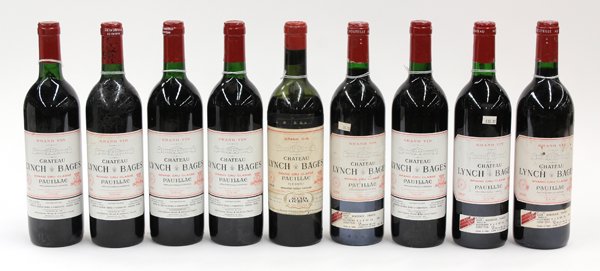 Chateau Lynch Bages Grand Cru Classe: (lot of 9) Bottles of Chateau Lynch Bages Grand Cru Classe, Pauillac, France, consisting of (1) 1959, (5) 1988 and (3) 1989, each 750ml