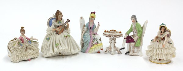German porcelain group: (lot of 6) German porcelain group consisting of three Dresden crinoline figural groups, each depicting a maiden largest 4''h, together with a three part festive scene depicting a couple seated at a ta