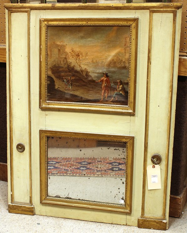 French trumeau mirror: French trumeau mirror, 19th century, having a scenic reserve depicting a genre view above the original looking glass framed with gilt accents, 44.5''h x 35.5''w