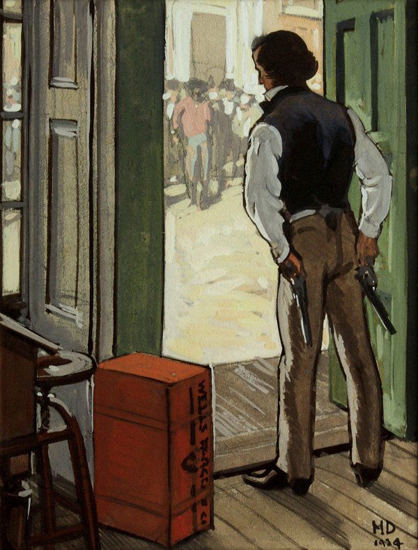 Painting, Maynard Dixon,: Framed gouache on paper, Defending his Bounty, 1934, by Maynard Dixon (American, 1875-1946), initialed and dated ''MD, 1934'' lower right, sight: 8''h x 6''w, overall: 13.75''h x 11''w. (Provenance: f