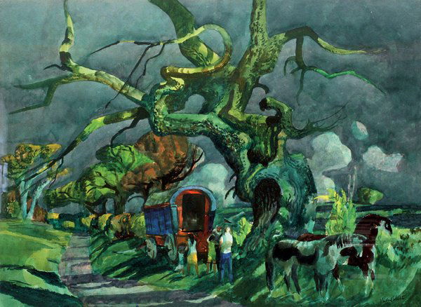 Watercolor, Millard Sheets, Gypsy: Framed watercolor on board, Gypsy Camp York, England, 1967, by Millard Sheets (Californian, 1907-1989), signed "Millard Sheets" lower right, board: 22"h x 29.5"w overall: 28"h x 35.5"w