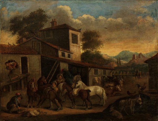 Painting, German, 18th c, Village Scene: Framed oil on canvas, Village Scene, German School, 18th century, canvas: 23''h x 30.25''h, overall: 27''h x 33.25''w