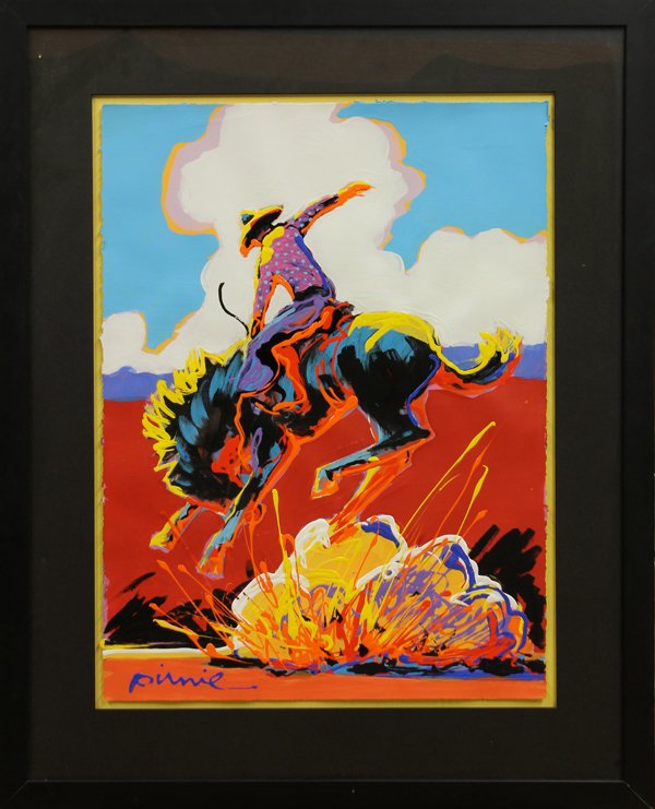 Painting, Larry Pirnie, Wild Ride: Framed oil on paper, Wild Ride, by Larry Pirnie (American, b. 1940), signed ''Pirnie'' lower right, paper: 30''h x 27.5''w, overall: 41''h x 33.5''w