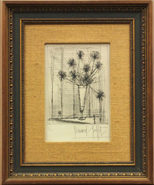 Etching, Bernard Buffet, Bouquet: Framed etching, Bouquet de Fleurs, by Bernard Buffet, pencil signed ''Bernard Buffet'' lower right, pencil numbered edition of 70 lower left, plate: 7''h x 5.5''w, overall: 17''h x 14''w