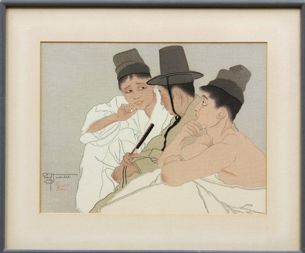 Woodcut, Paul Jacoulet, Trois Coreens: Framed woodcut, ''Trois Coreens,'' by Paul Jacoulet (French, 1902-1960), pencil signed ''Paul Jacoulet'' and stamped lower left, sight: 12.5''h x 16''w, overall: 17.5''h x 21''w. Provenance: Richmond 