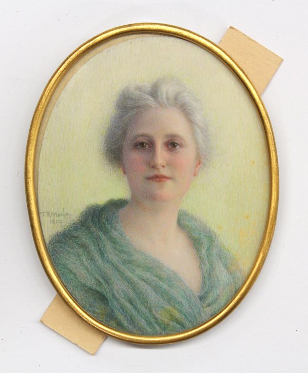 Miniature portrait, Thomas R. Manley: Framed miniature portrait on ivory, ''Mrs. Openheim,'' 1899, by Thomas R. Manley (American, 1853-1938), signed and dated ''T. R. Manley 1899'' left center, sight: 3''h x 2.375''w, overall: 3.125''h x