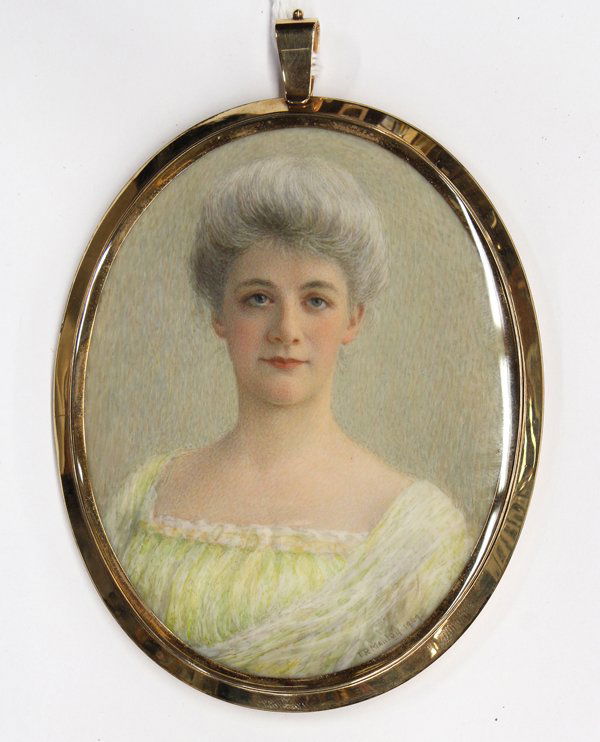 Miniature portrait, Thomas R. Manley: Framed miniature portrait on ivory, ''Alice Marshall,'' 1909, by Thomas R. Manley (American, 1853-1938), signed and dated ''T. R. Manley 1909'' lower right, title and date engraved on frame verso, sig