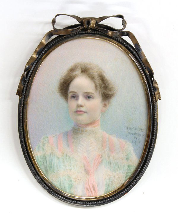 Miniature portrait, Thomas R. Manley: Framed miniature portrait on ivory, Young Lady (Montclair, New Jersey), 1901, by Thomas R. Manley (American, 1853-1938), signed, dated and inscribed ''T. R. Manley, Montclair, NJ 1901'' right center,
