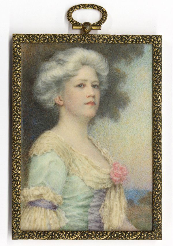 Miniature portrait, Thomas Manley: Framed miniature portrait on ivory, "Mrs. William P. Eno," 1912, by Thomas R. Manley (American, 1853-1938), signed and dated "T. R. Manley 1912 upper left, title label with date attached verso, sight:
