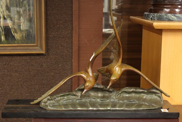 Bronze, Irénée Rochard, Seagulls Soaring: Bronze sculpture, Seagulls Soaring Above the Sea, by Irenee Rochard (French, 1906-1984), signed ''I Rochard'' lower right, overall: 24''h x 35.5''w x 9.5''d