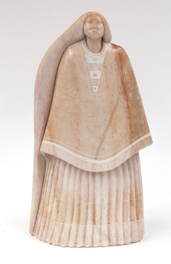 Alabaster sculpture, Cliff Fragua, Indian Woman: Alabaster sculpture, Indian Woman, 1983, by Cliff Fragua (Native American, 20th c.), signed ''C. Fragua'' verso and dated '83, overall: 17.5''h x 9''w x 7.75''d