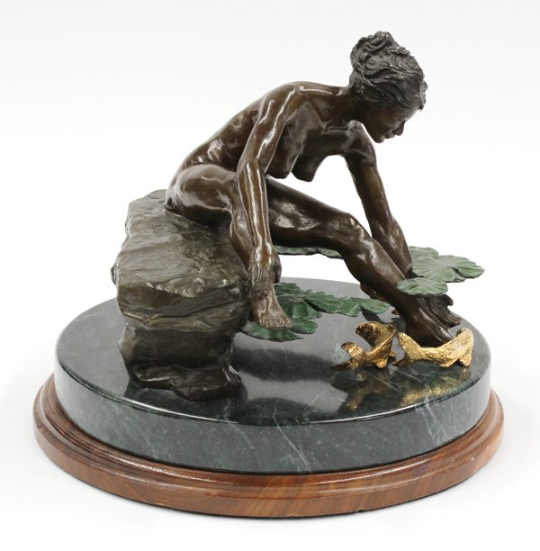 Bronze sculpture, Vic Riseau, Coy Pond: Bronze sculpture on marble and wood base, Coy Pond, by Vic Riesau, stamped Heritage Bronze Inc., and signed ''Vic Riseau'' verso, ed. 25/30, overall: 10''h x 11.5''w x 11.5''d