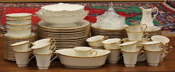 Lenox table service: (lot of 111) Lenox table service for twenty, executed in the 'Eternal' pattern and having a gilt border surrounding the cream ground, consisting of (20) dinner plates 10.75'', (20) salads 8.25'', (20)