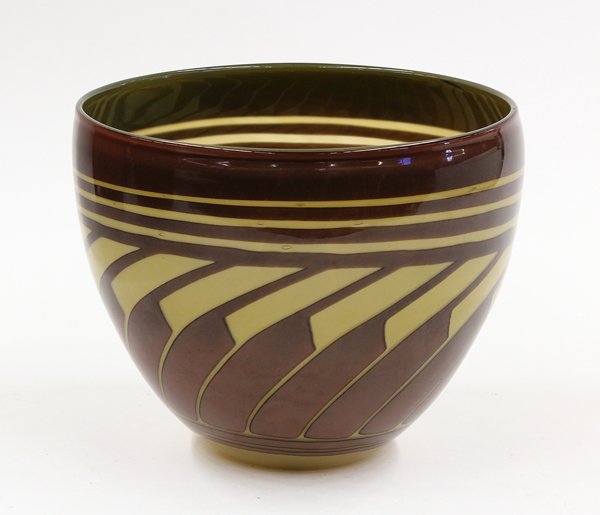 DiNardo Navajo glass vase: Leonard and Karin DiNardo (American, 20th C.), Navajo designed vase, circa 1980, the tapering form executed in multiple colors with horizontal detail surmounting the pulled design encompassing the tap