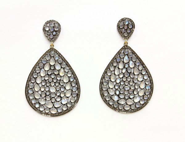 Moonstone diamond silver yellow gold earrings: Pair of moonstone and diamond drop earrings; in oxidized silver and 14k yellow gold, set with a total of (166) oval, round and pear shape faceted moonstones weighing in total approximately 27.01 ct an