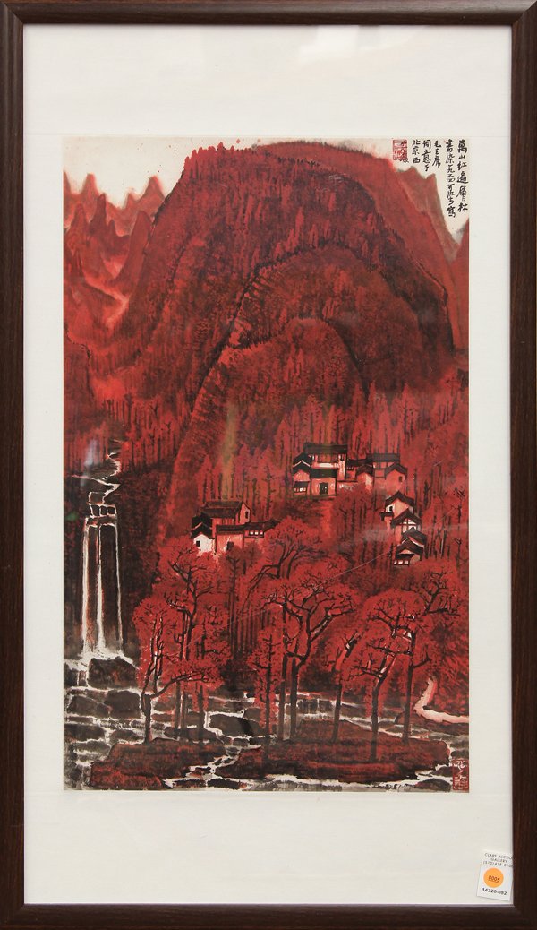 Chinese Painting, Li Keran (after), Landscape: Framed Chinese painting, ink and color on paper, Red Autumn Landscape, after Li Keran (Chinese, 1907-1989), the upper right with a colophon, dated and bearing signature, sealed 'Keran', painting: 25''
