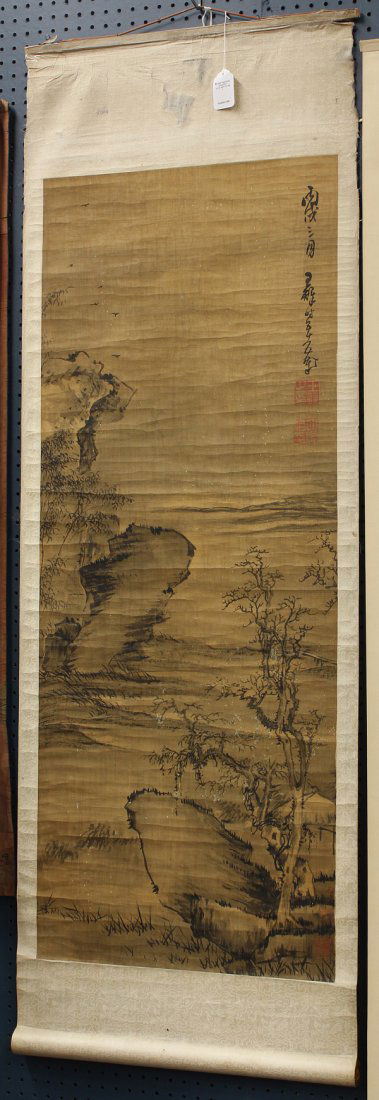 Chinese Scroll, Wang Duo (after), Landscape: Chinese hanging scroll, ink on silk, Landscape, after Wang Duo (Chinese, 1592-1652), the upper right with cyclical date bingxu third month and bearing signature along with five seals, painting: 54.75'