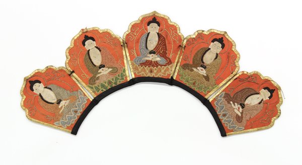 Chinese Embroidered Buddhsit Diadem: Chinese embroidered Buddhist five point diadem, featuring the five dhyani Buddhas each seated on a lotus pedestal and draped in robes executed in Peking knots and couching set against an orange colore