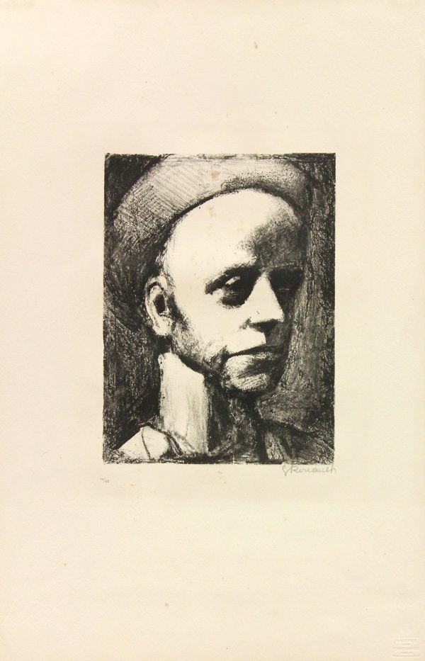 Lithograph, Georges Rouault, Craftsman: Unframed (matted) lithograph, "The Prentice Craftsman," by Georges Rouault (French, 1871-1958), pencil signed "G. Rouault" lower right, bears Montclair Art Museum label verso, image: 9.125"h x 6.75"w,