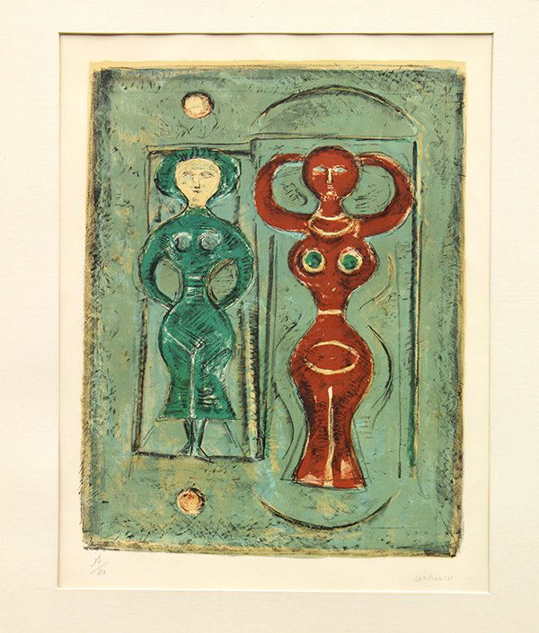 Lithograph, Massimo Campigli: Unframed (matted) stone lithograph, Dos Figuras, by Massimo Campigli (Italian, 1895-1971), pencil signed "Campligi" lower right, numbered edtion of 210 lower left, paper: 30"h x 22.25"w