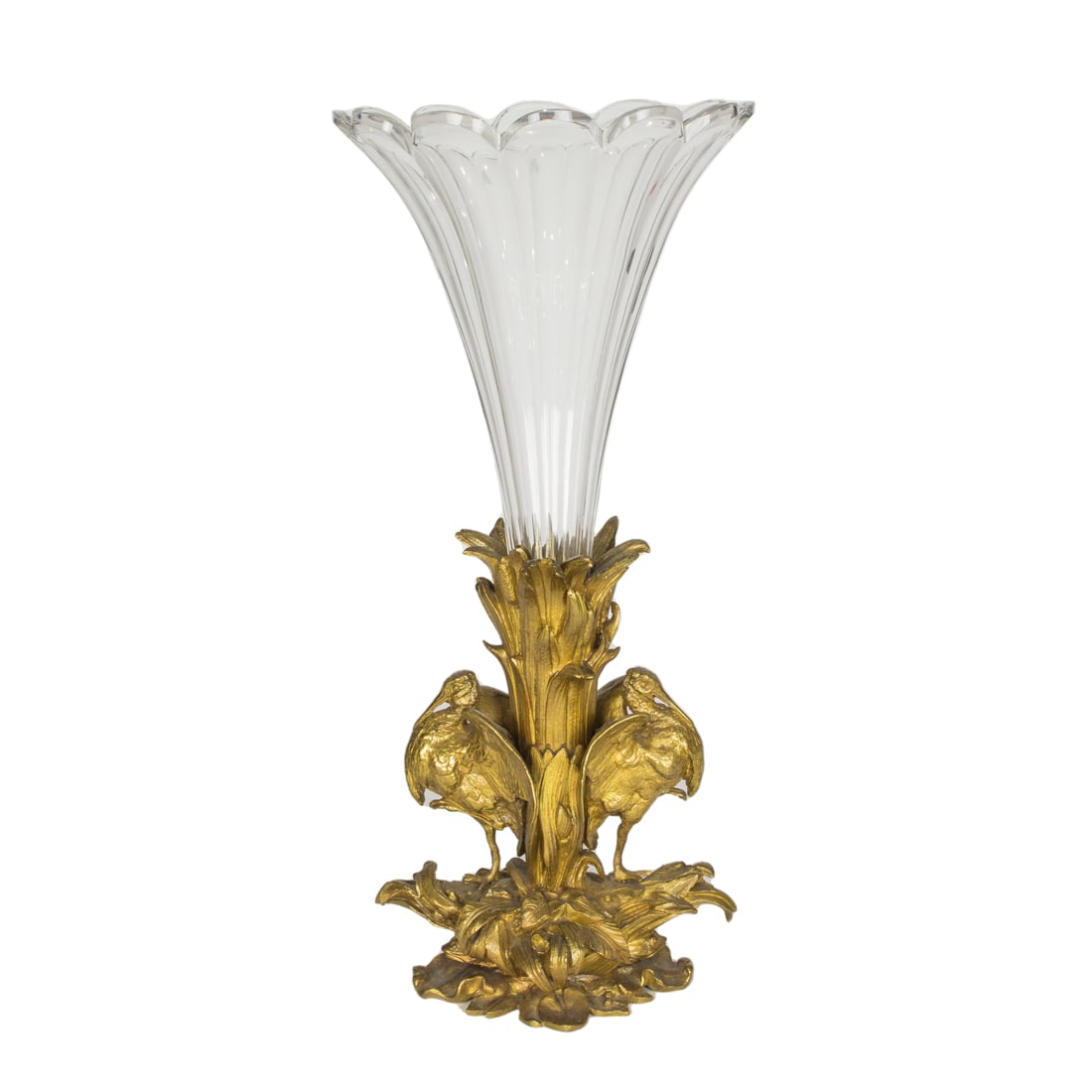 A French Aesthetic gilt bronze and glass vase: A French Aesthetic gilt bronze and glass vase, late 19th century, the scalloped trumpet form vase rising from an outcrop of plants, frogs and salamanders and adorsed water birds, unmarked, 15.5"h. Pro