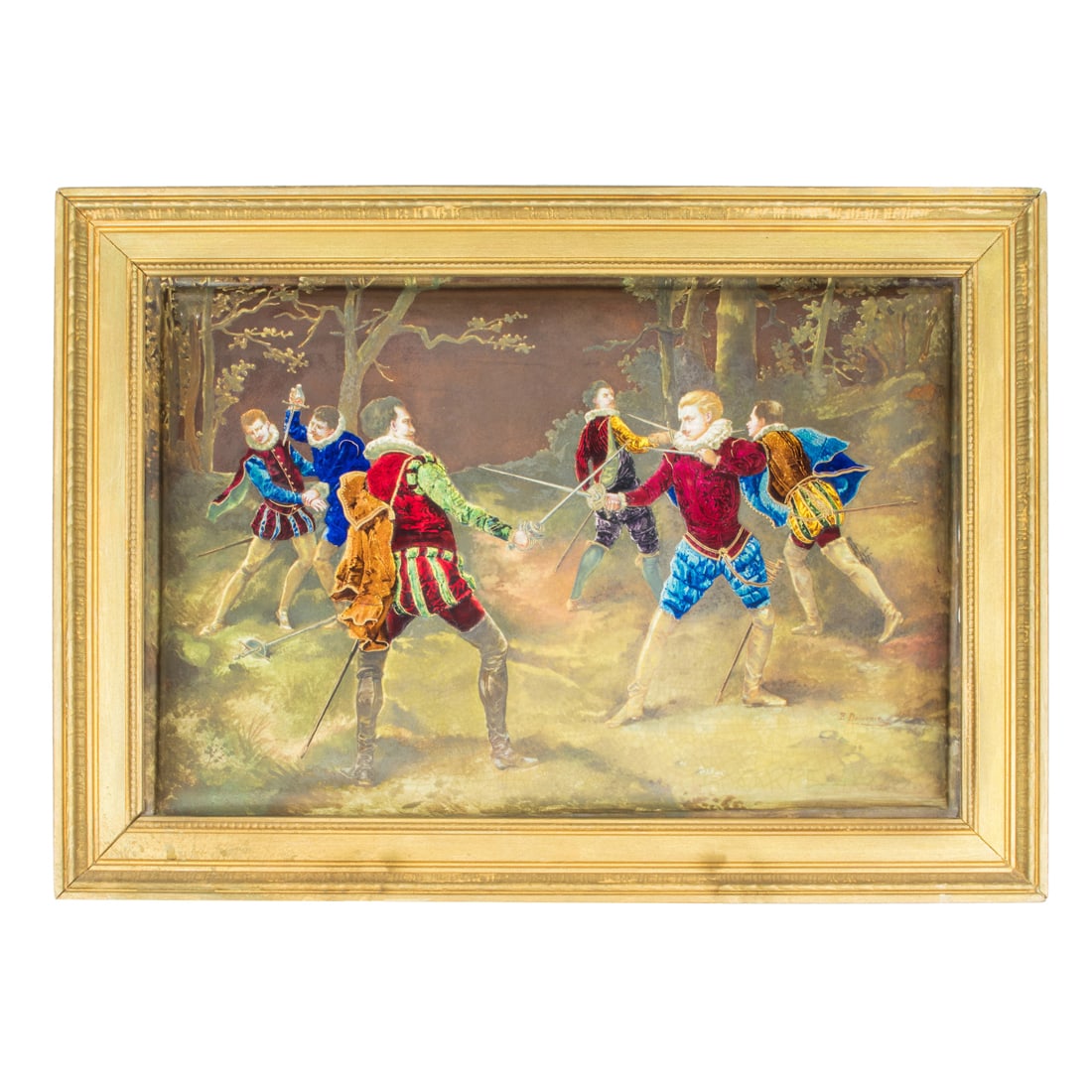 A Continental enameled earthenware plaque of swordsmens, signed 'R. Delaorme', 19th century (1 of 3)